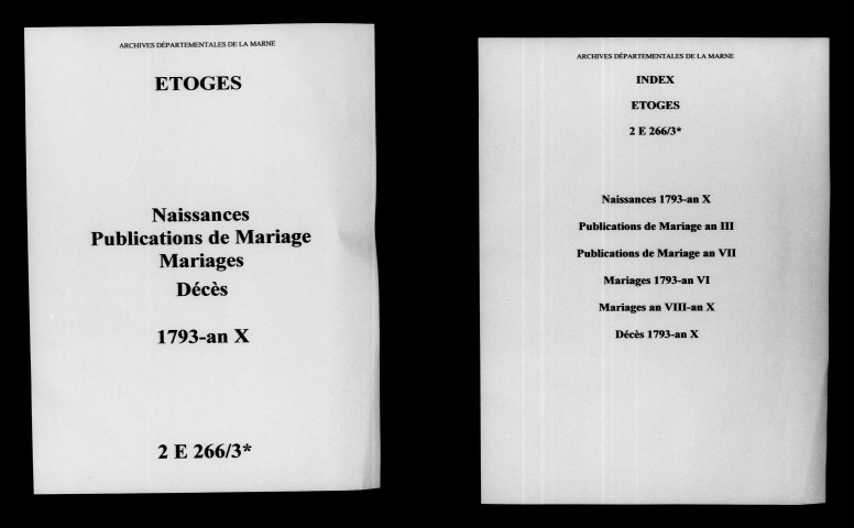 Étoges. Naissances, publications de mariage, mariages, décès 1793-an X