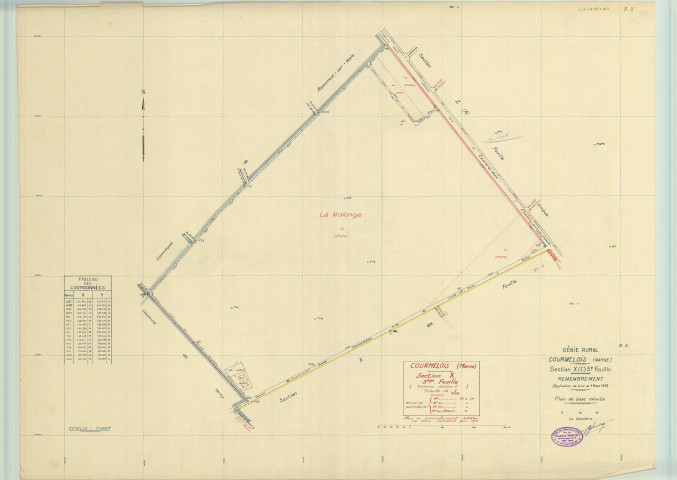 Val-de-Vesle (51571). Section X3 échelle 1/2000, plan remembré pour 1952, ancienne commune de Courmelois (51189), plan régulier (papier).
