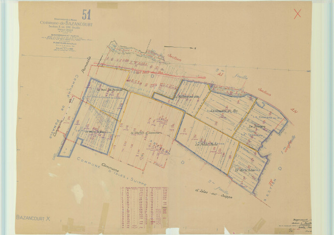 Bazancourt (51043). Section X1 échelle 1/2500, plan mis à jour pour 1956, plan non régulier (papier).