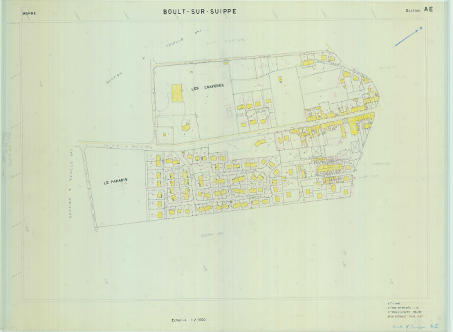 Boult-sur-Suippe (51074). Section AE échelle 1/1000, plan remanié pour 1990, plan régulier de qualité P4 (calque).