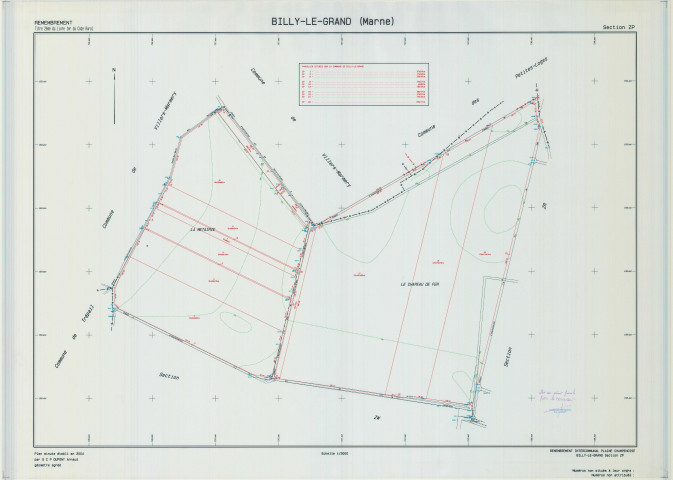 Billy-le-Grand (51061). Section ZP échelle 1/2000, plan remembré pour 2004 (remembrement intercommunal de Plaine Champenoise extension sur Billy-le-Grand), plan régulier (calque)