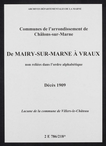 Communes de Mairy-sur-Marne à Vraux de l'arrondissement de Châlons. Décès 1909