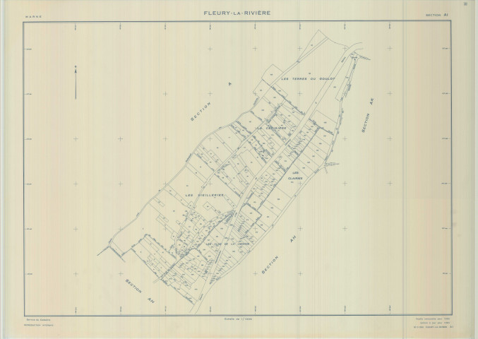 Fleury-la-Rivière (51252). Section AI échelle 1/1000, plan renouvelé pour 01/01/1965, régulier avant 20/03/1980 (calque)