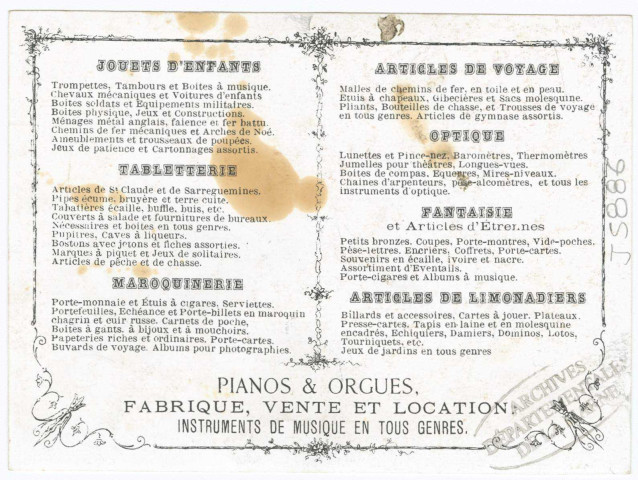 Carte publicitaire de Mayeur commerce, notamment d'instruments de musique et de jouets d'enfants, 13 rue d'Orfeuil à Châlons-sur-Marne.