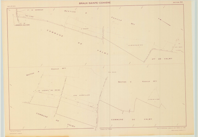 Braux-Sainte-Cohière (51082). Section ZA échelle 1/2000, plan remembré pour 1959 (copie), plan régulier (papier armé)