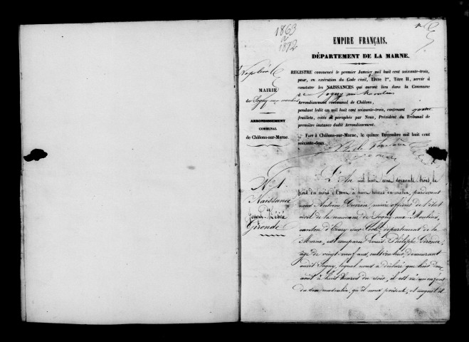 Sogny-aux-Moulins. Naissances, mariages, décès et tables décennales des naissances, mariages, décès 1863-1872