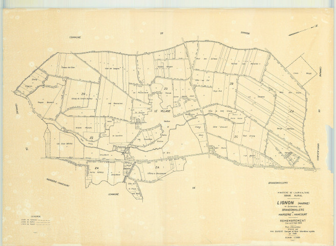 Lignon (51322). Tableau d'assemblage échelle 1/5000, plan remembré pour 1966 (extension sur Brandonvillers et Margerie-Haucourt), plan régulier (papier)