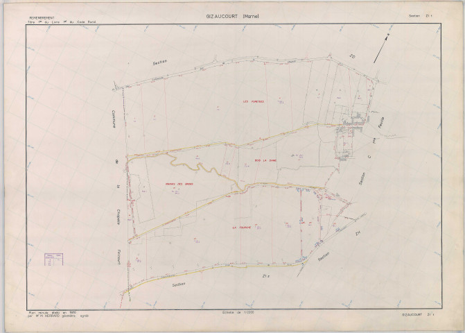 Gizaucourt (51274). Section ZI 1 échelle 1/2000, plan remembré pour 1970, plan régulier (papier armé)