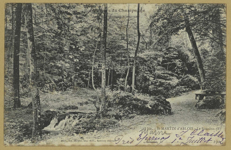 SAINT-MARTIN-D'ABLOIS. Au Pays du Champagne. Environs d'Épernay-28 bis-Le Sourdon (B) / E. Choque, photographe à Épernay.
EpernayE. Choque (51 - EpernayE. Choque).1902