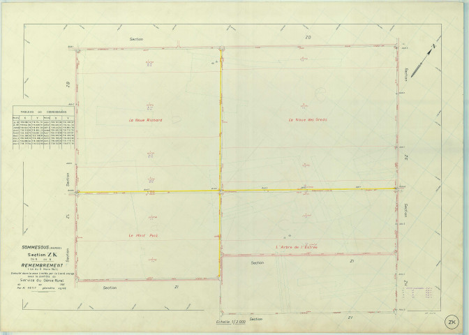 Sommesous (51545). Section ZK échelle 1/2000, plan remembré pour 1968, plan régulier (papier armé)
