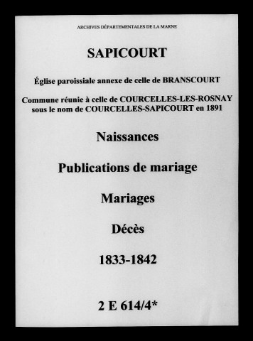 Sapicourt. Naissances, publications de mariage, mariages, décès 1833-1842