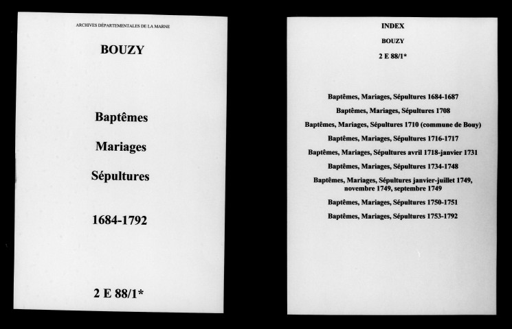 Bouzy. Baptêmes, mariages, sépultures 1684-1792