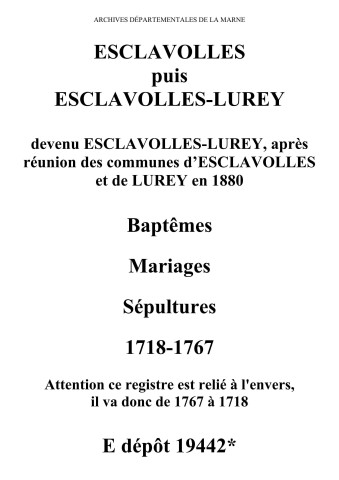 Esclavolles. Baptêmes, mariages, sépultures 1718-1767