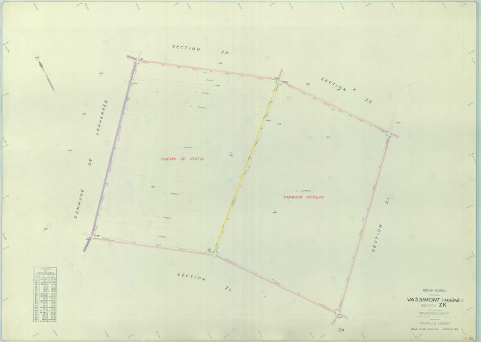 Vassimont-et-Chapelaine (51594). Section ZK échelle 1/2000, plan remembré pour 01/01/1963, régulier avant 20/03/1980 (papier armé)