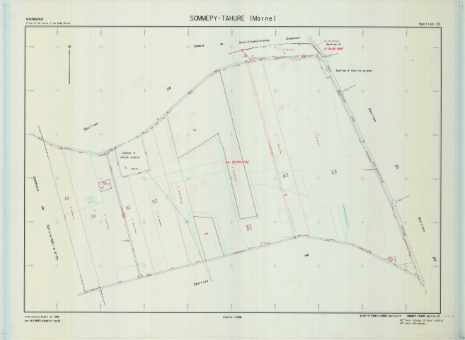 Sommepy-Tahure (51544). Section ZC échelle 1/2000, plan remembré pour 1985 (extension Saint-Étienne-à-Arnes (Ardennes) section YI), plan régulier (calque)