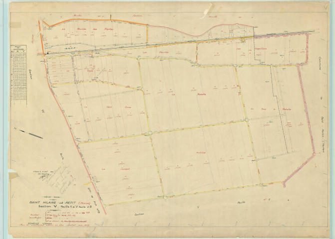 Saint-Hilaire-le-Petit (51487). Section V1 V3 échelle 1/2000, plan remembré pour 1957, contient une extension sur Saint-Hilaire-le-Petit V3, plan régulier (papier).