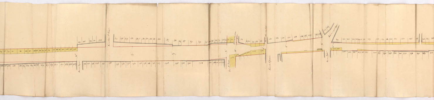 RN 51. Plan de traverse de Rheims depuis le faubourg de Vesle jusqu'à la porte Ceres par Coluel, 1792.