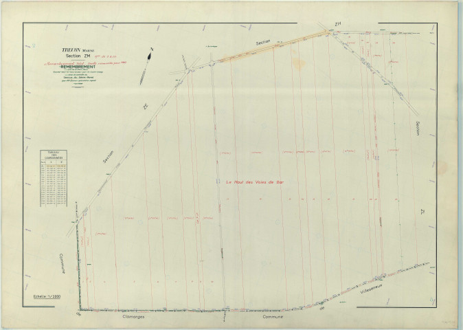 Trécon (51578). Section ZM échelle 1/2000, plan remembré pour 1961, plan régulier (papier armé)