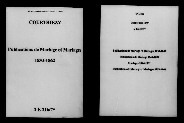 Courthiézy. Publications de mariage, mariages 1833-1862