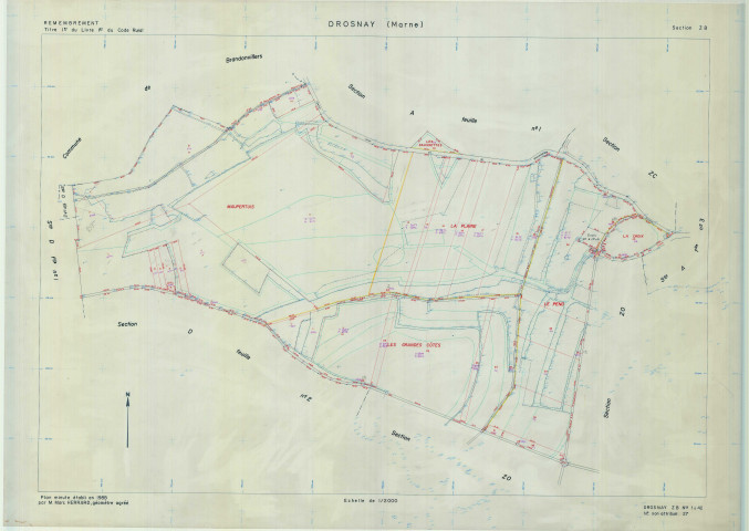 Drosnay (51219). Section ZB échelle 1/2000, plan remembré pour 1988, plan régulier (calque)