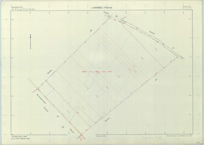 Lavannes (51318). Section ZE échelle 1/2000, plan remembré pour 1986, plan régulier de qualité P5 (papier armé).