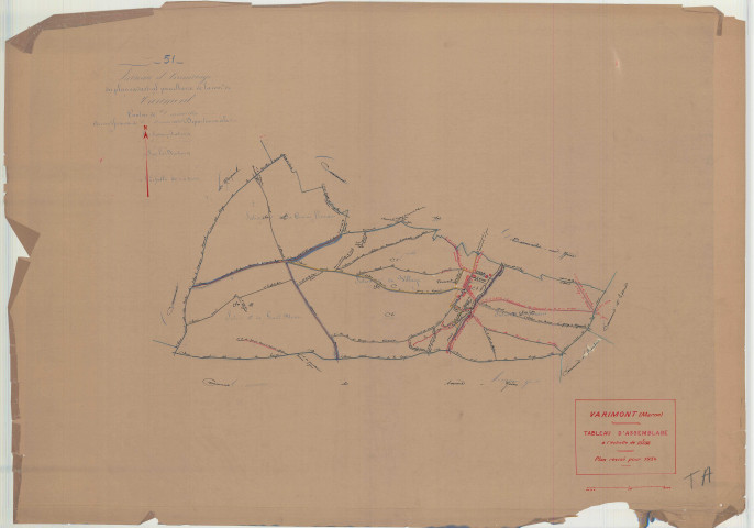 Dommartin-Varimont (51214). Tableau d'assemblage échelle 1/10000, plan révisé pour 1934 (ancienne commune de Varimont (51593), plan non régulier (calque)