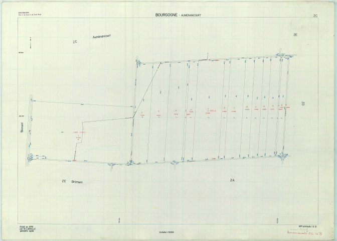 Bourgogne-Fresne (51075). Section ZC 2 échelle 1/2000, plan remembré pour 1982, contient une extension sur Auménancourt ZC, plan régulier de qualité P5 (papier armé).