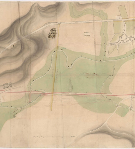 RN 31. Plan général de la ville de Fismes et de ses abords, indiquant le projet du tracé de la route, dressé par Legendre, 1761.