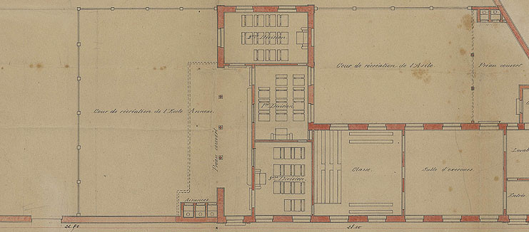 Détail d'un plan de l'école normale d'institutrices de Châlons-en-Champagne, environ 1880 (4 N 197)