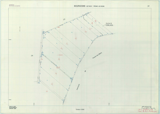 Bourgogne-Fresne (51075). Section ZP échelle 1/2000, plan remembré pour 1982, contient une extension sur 261 W1, plan régulier de qualité P5 (papier armé).