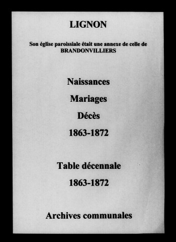 Lignon. Naissances, mariages, décès et tables décennales des naissances, mariages, décès 1863-1872
