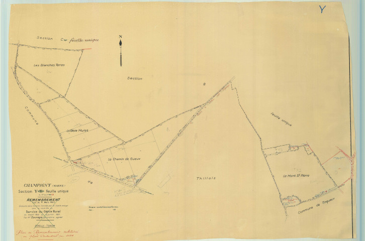 Champigny (51118). Section Y échelle 1/2500, plan remembré pour 1934, plan régulier (papier).