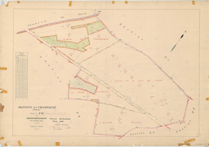 Maisons-en-Champagne (51340). Section ZH échelle 1/2000, plan remembré pour 1959 (Renouvelé pour 1959), plan régulier (papier)