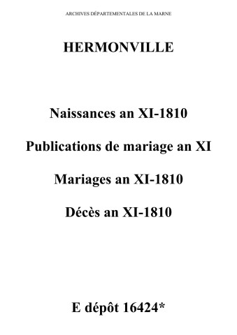 Hermonville. Naissances, publications de mariage, mariages, décès an XI-1810