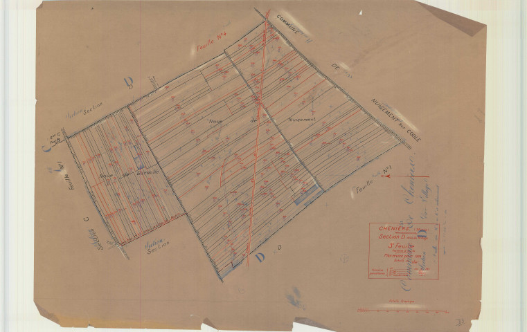 Cheniers (51146). Section D3 échelle 1/2500, plan mis à jour pour 1933 (ancienne section D2), plan non régulier (calque)