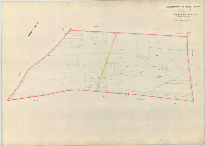 Dommartin-Lettrée (51212). Section ZD échelle 1/2000, plan remembré pour 1967, plan régulier (papier armé)