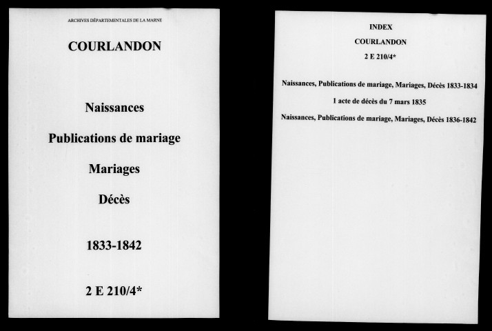 Courlandon. Naissances, publications de mariage, mariages, décès 1833-1842