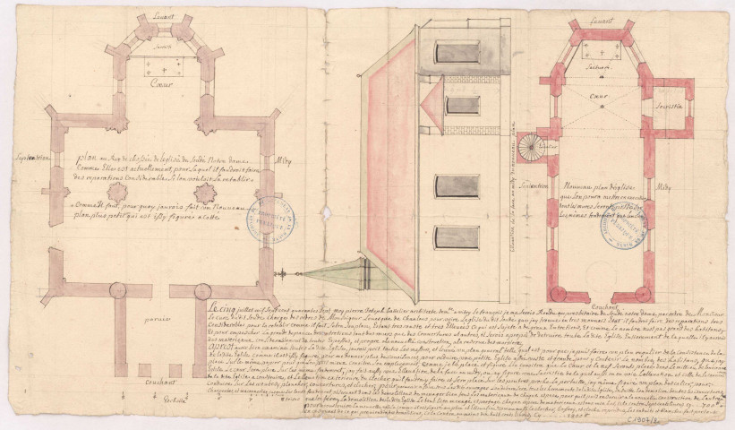 Plan actuel et plan nouveau de l'église de Soudé Notre Dame, 1747.
