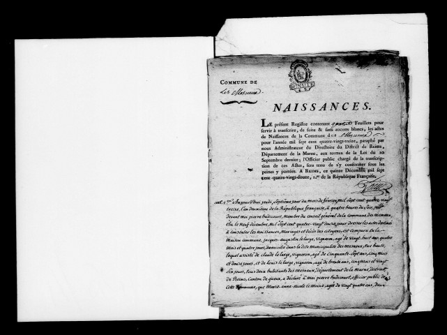 Mesneux (Les). Naissances, mariages, décès 1793-an X