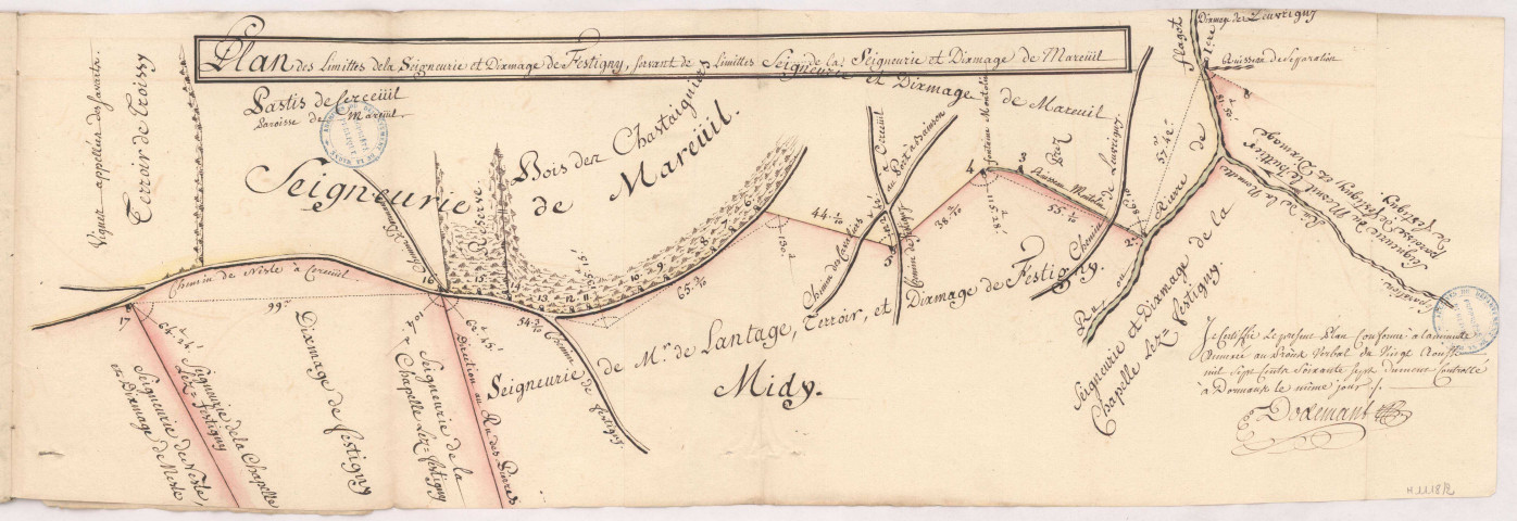 Festigny. Plan des limittes de la seigneurie et dixmage de Festigny, servant de limittes de la seigneurie et dixmage de Mareuïl, 20 août 1767.