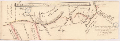 Festigny. Plan des limittes de la seigneurie et dixmage de Festigny, servant de limittes de la seigneurie et dixmage de Mareuïl, 20 août 1767.