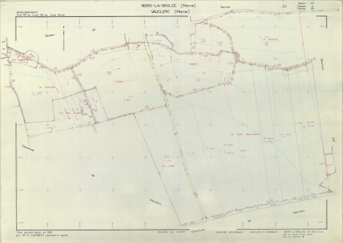 Reims-la-Brûlée (51455). Section ZH échelle 1/2000, plan remembré pour 1987 (extension sur Vauclerc sections A et ZB), plan régulier (papier armé)