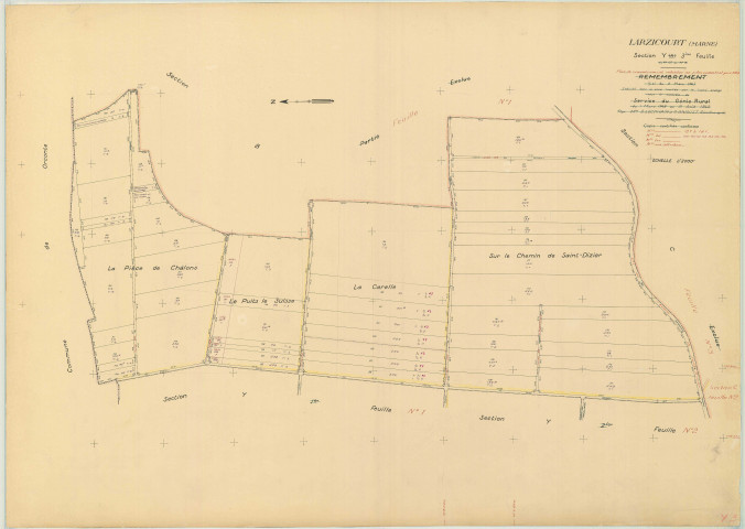 Larzicourt (51316). Section Y3 échelle 1/2000, plan remembré pour 1955, plan régulier (papier)