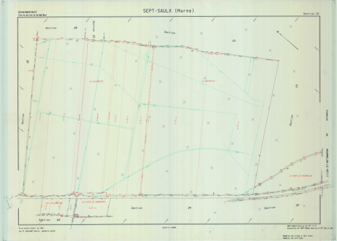 Sept-Saulx (51530). Section ZC échelle 1/2000, plan remembré pour 1994, contient une extension sur Sept-Saulx Z, plan régulier de qualité P5 (calque).