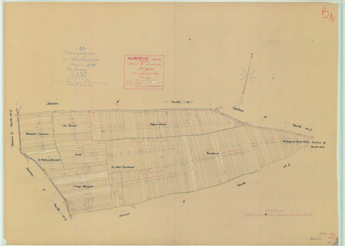 Aubérive (51019). Section B1 échelle 1/2500, plan mis à jour pour 1936, plan non régulier (papier).