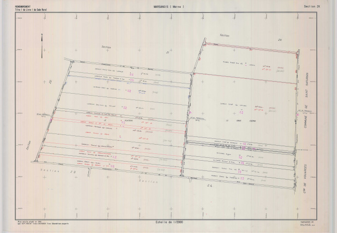 Marsangis (51353). Section ZK échelle 1/2000, plan remembré pour 01/01/1987, plan régulier de qualité P5 (calque)