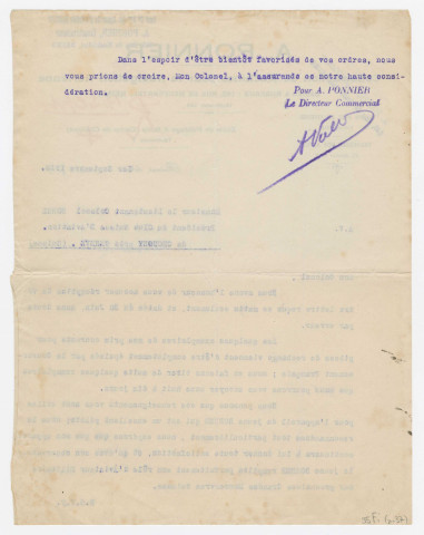 Correspondance tapuscrite d'Alfred Ponnier avec le Colonel Borel, président du Club Suisse d'aviation, concernant une vente d'aéroplanes