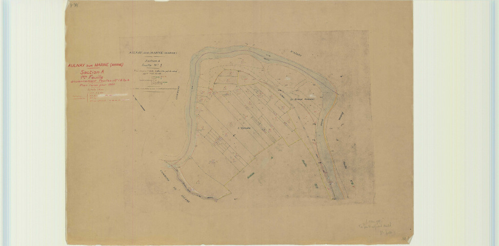 Aulnay-sur-Marne (51023). Section A1 2 échelle 1/2000, plan révisé pour 1950 (anciennes feuilles A1, 2, 3, 4), plan non régulier (papier)