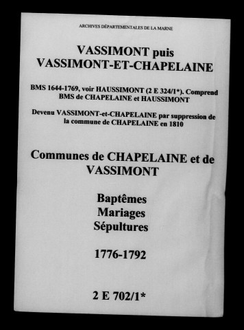 Vassimont. Baptêmes, mariages, sépultures 1776-1792