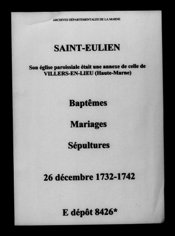Saint-Eulien. Baptêmes, mariages, sépultures 1732-1742